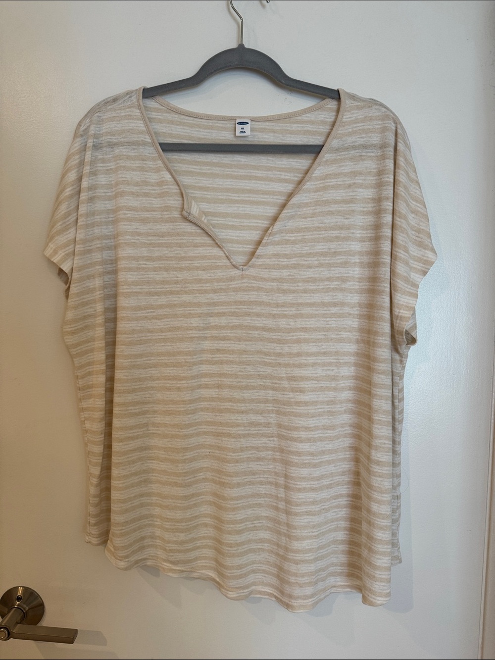 Old Navy Beige & White Striped Notch-Neck Tee